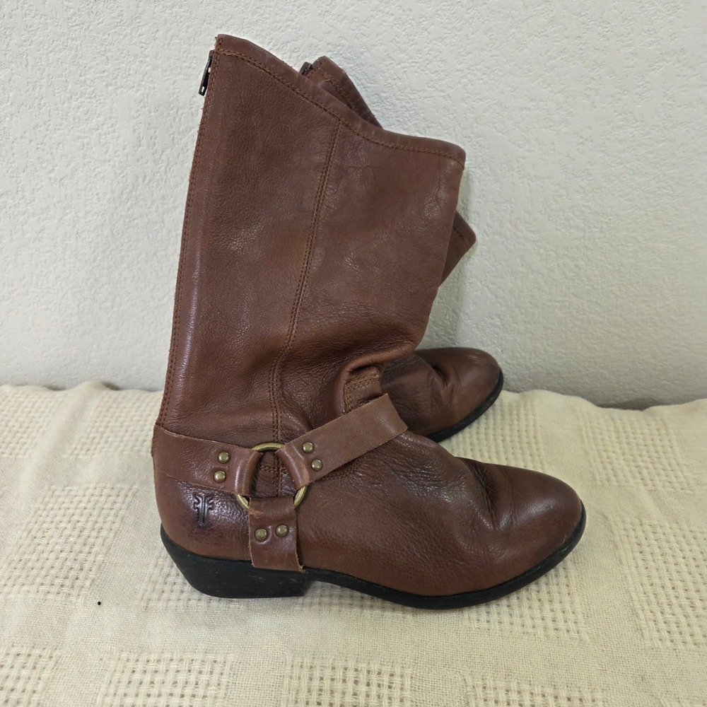 FRYE Womens Brown Leather Tall Boots Side Zip Harness Buckle Size 3.5